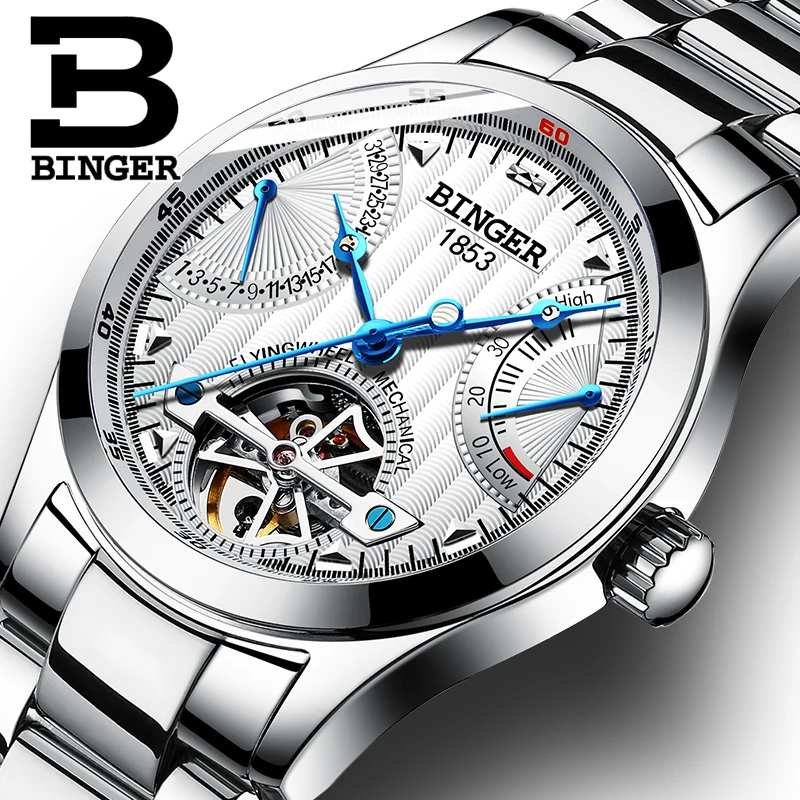 

Switzerland Automatic Watches Men Luxury Brand Clock BINGER Business Stainless Steel Mechanical Wristwatches Power Display 2018