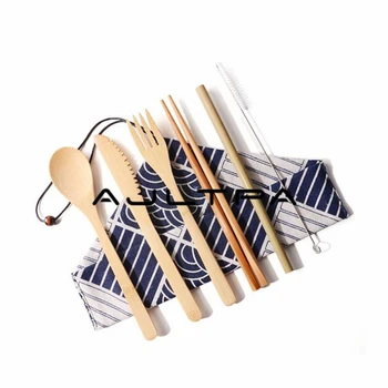 

50Sets Reusable Bamboo Dinnerware Set Knife Fork Spoon Chopsticks Straw Cutlery Bag Wooden Tableware Set Kitchen Accessories