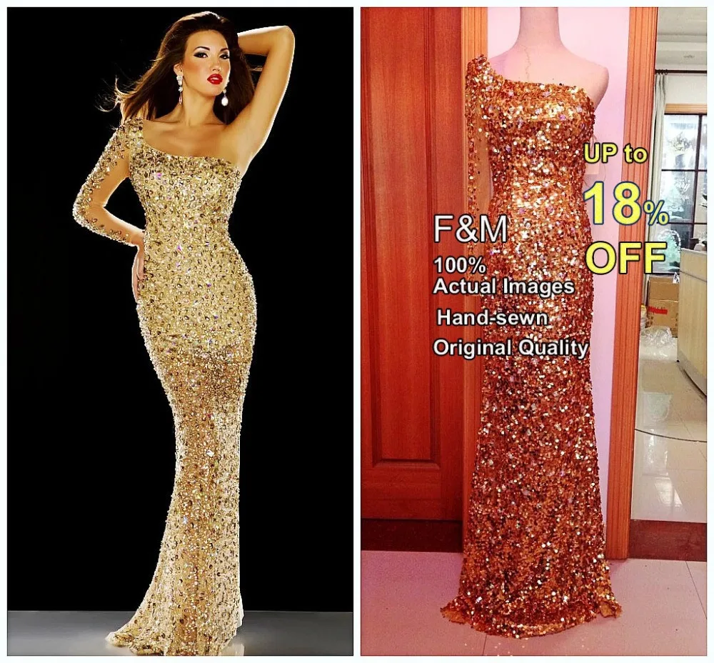 Gold-Bling-bling-Mermaid-Design-2014-One-Shoulder-Crystal-Prom-Dresses-Long-Sequin-Lace-Sheer-Back