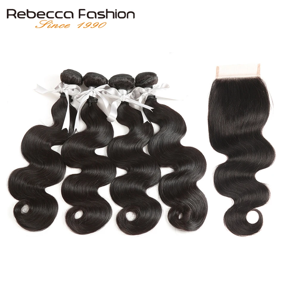 Rebecca Non Remy Peruvian Body Wave With Closure Human Hair Weave 4 Bundles With 4X4 Lace Closure Hair Extensions Free Shipping
