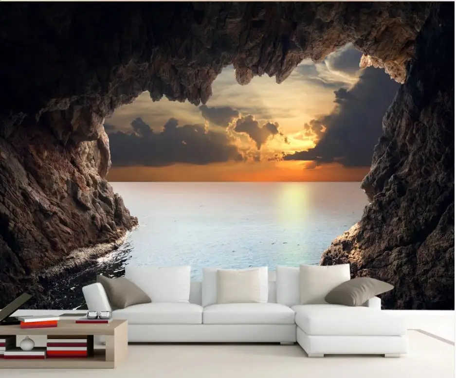 Cave seascape sunrise background wall painting wallpaper for walls 3 d for living room Cave seascape sunrise background wall painting wallpaper for walls 3 d for living room