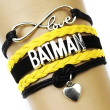 Горячая Распродажа Бесконечная любовь Бэтмен Подвеска для браслета в форме сердца черный желтый кожаный браслет-шнурок браслеты ювелирные изделия для женщин мужчин
