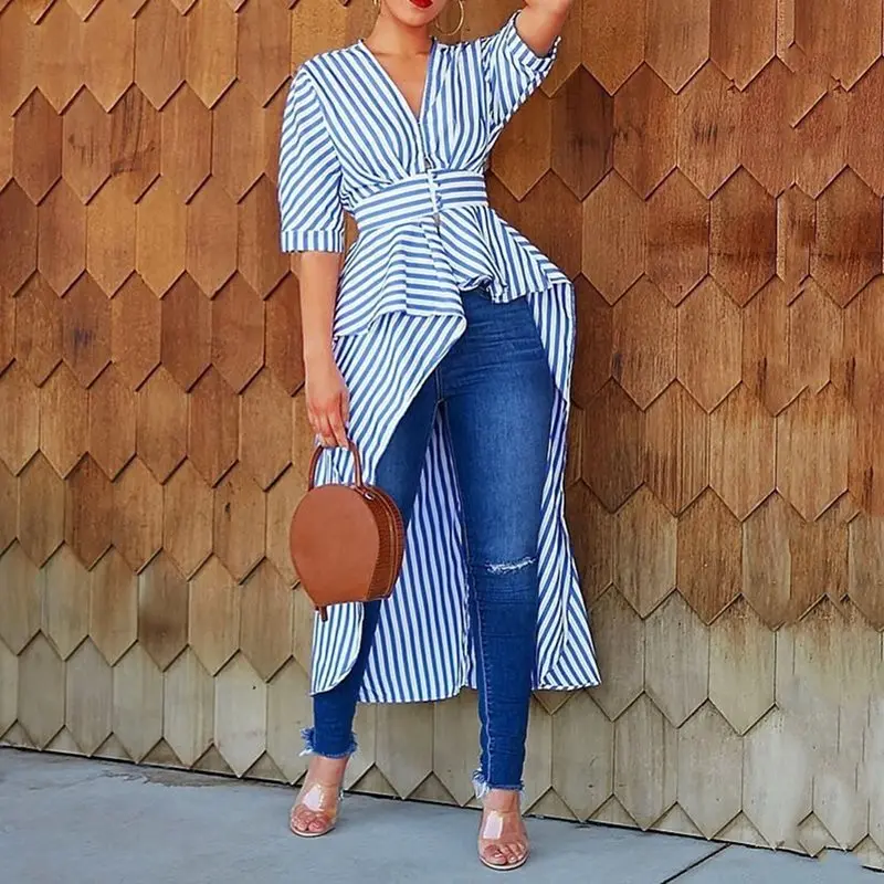

Summer Elegant Party Blue Casual Women Clothes 2019 Blouses Tops Slim Stripe Falbala Office Ladies Female Fashion Long Shirts