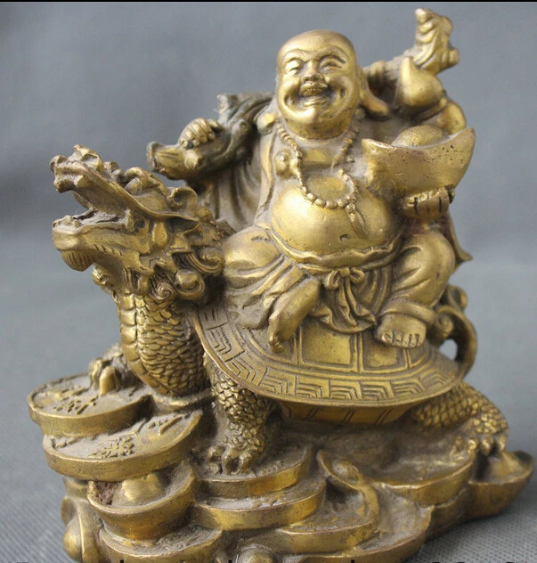 

003010 5" Chinese Brass Happy Laugh Maitreya Buddha Dragon tortoise Turtle Statue