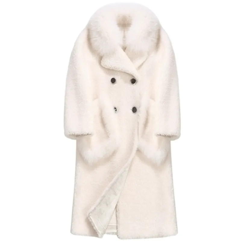 Зимнее новое пальто из искусственного меха ягненка, женское длинное белое меховое пальто с меховым воротником, Модное теплое пальто с карманами AS920