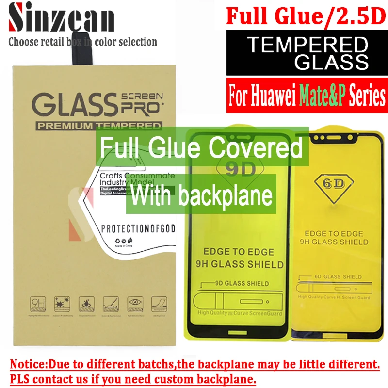 

Sinzean 50pcs 2.5D Full Glue Tempered Glass 5D/6D Screen Protector for huawei mate 20 lite p20 Pro p smart plus With Backplane