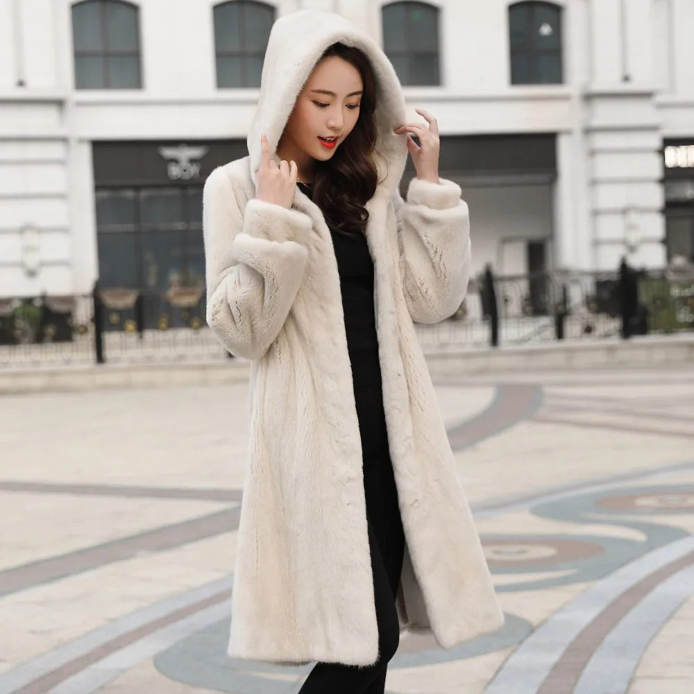Датское Норковое женское длинное пальто из цельного меха, зимнее плотное тонкое теплое Женское пальто из меха норки, длинная куртка с капюшоном