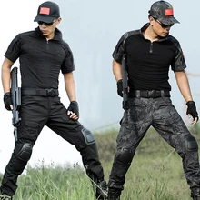 Тактический костюм для мужчин Военная камуфляжная футболка+ брюки+ наколенники армейский спецназ камуфляж с коротким рукавом Одежда