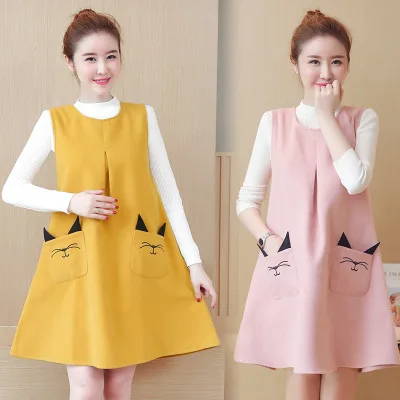 

Maternity Clothes Set Long Sleeve Shirt Vest Dress 2pcs Fashion Pocket Dress for Pregnant Women Pregnancy Clothing Pregnant Suit