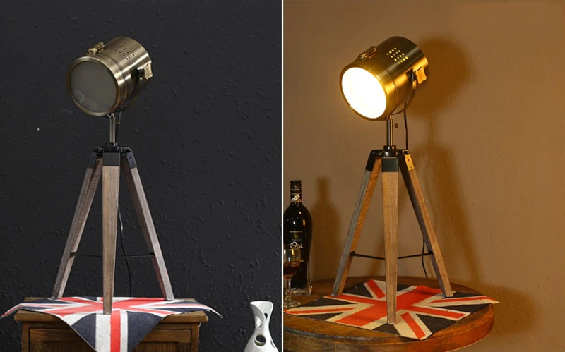 Horsten European Vintage Retro Wood Tripod Table Lamp Spotlight Lamps Photography Desk Lights Stand Creative Living Room 220V (10)