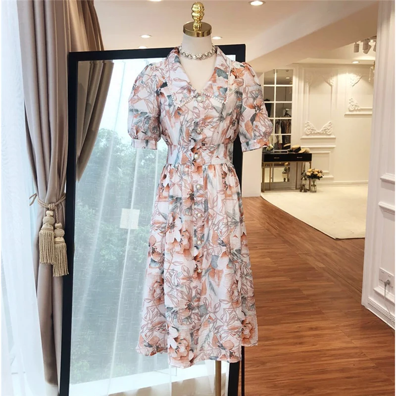 

HIGH QUALITY Newest 2019 Designer Dress Women's Short Sleeve Floral Print Buttons Shirt Dress