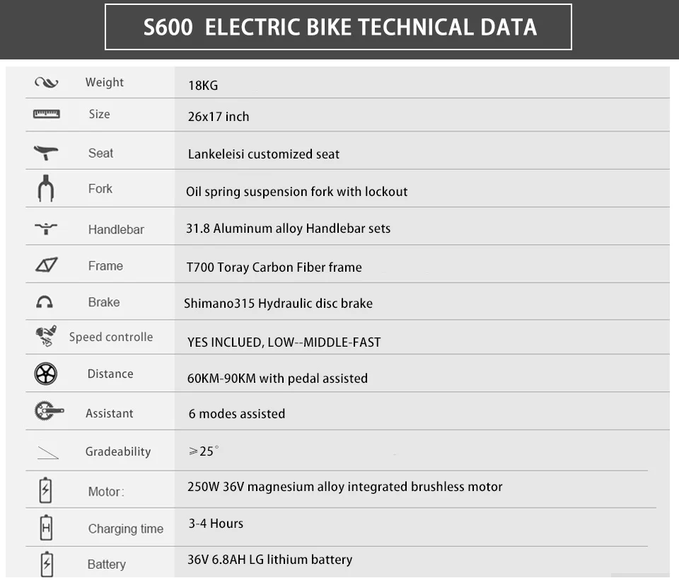Perfect Cyrusher S600 Electric Mountain Bike 26x17 Carbon Fiber frame bike 250W 36V 6.8ah Battery 9 Speeds Electric mountain Bicycle 1