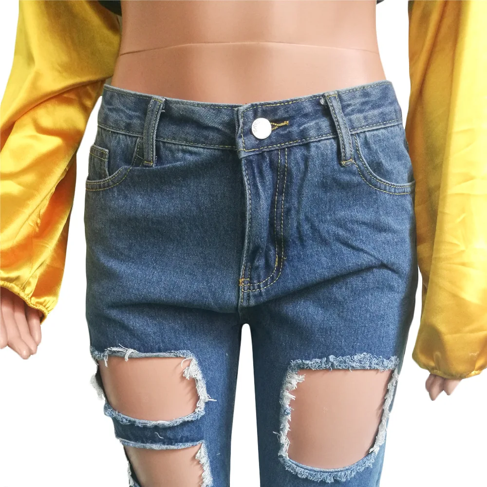 Women Ripped Hole Denim Jeans Plus Size Straight Jean Femme