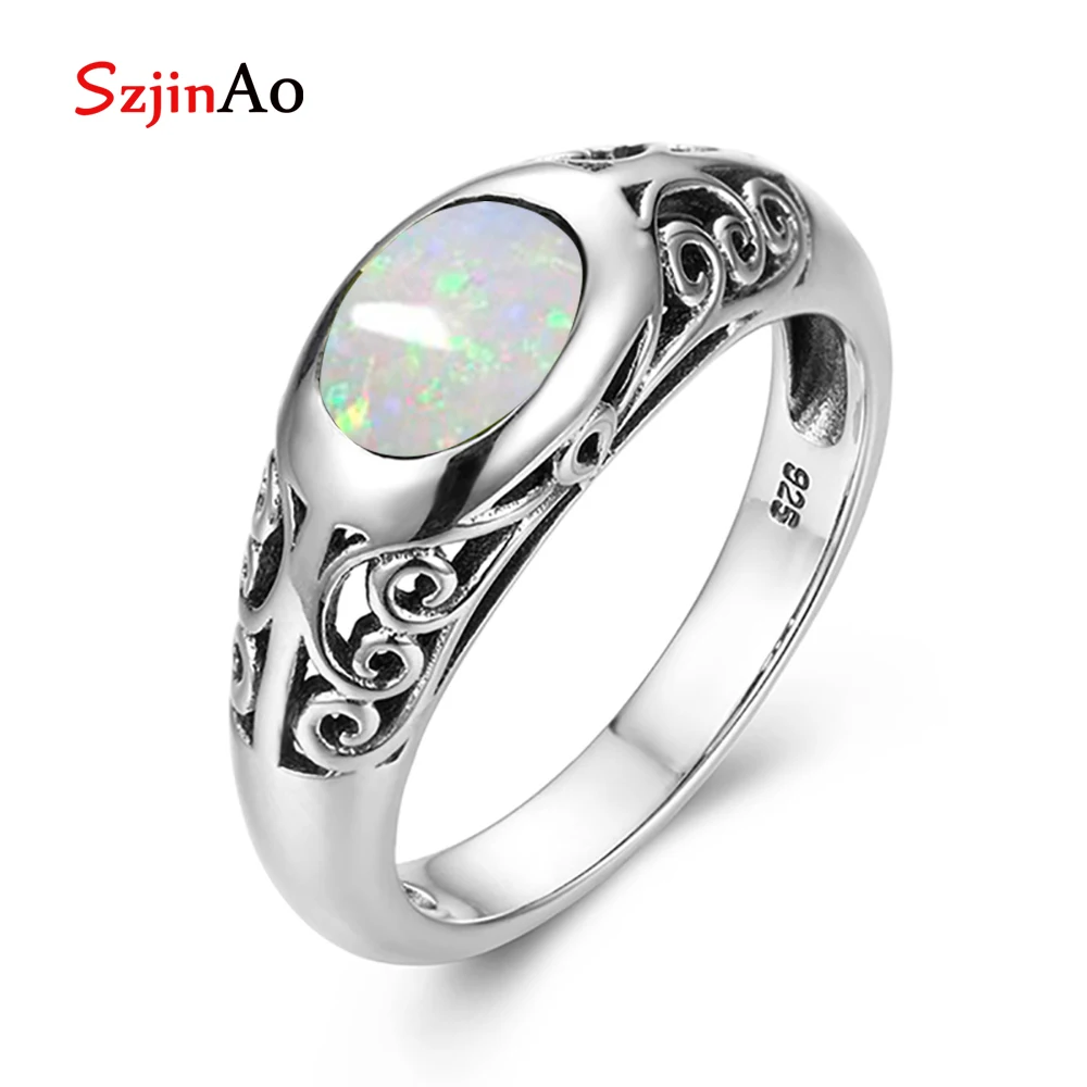Szjinao высокого качества гипоаллергенно ювелирные изделия винтажные настоящие кольца из стерлингового серебра 925 для женщин белый опал подарок