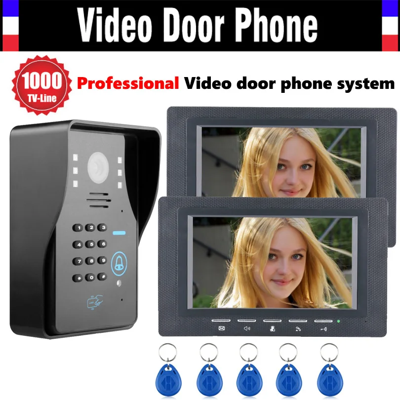 7 Inch Screen Video Door Phone Intercom System 1000TVL Password Code Keypad Camera 5pcs ID Card Video Doorbell Kit