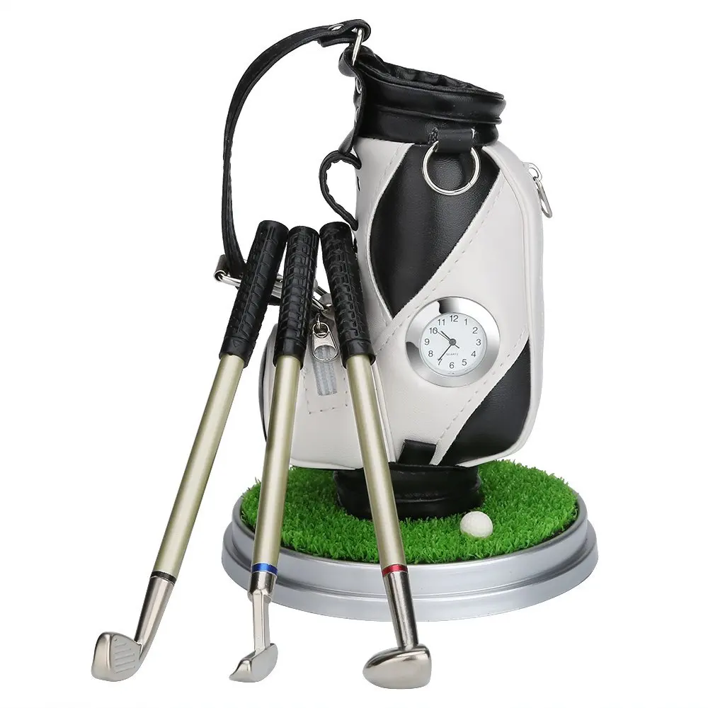 Caiton Mini Golf Bag Pen Holder With Lawn Base Clock And Three Golf Club Pens Decoration Gift Caiton Mini Golf Bag Pen Holder With Lawn Base Clock And Three Golf Club Pens Decoration Gift