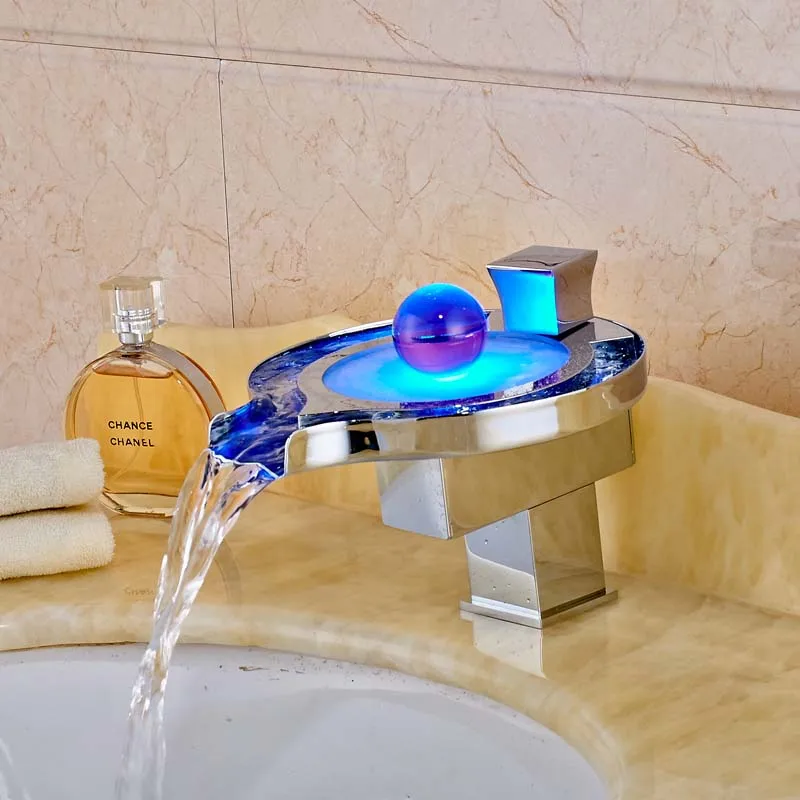 

New Design Bathroom Sink Faucet LED Waterfall Spout Mixer Tap Chrome Finished