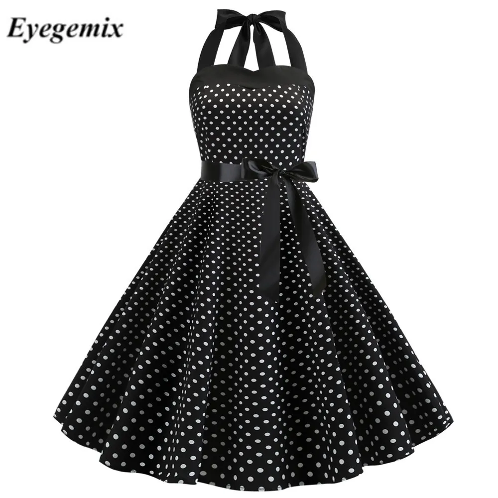 

Sexy Retro Black Polka Dot Dress 2019 Audrey Hepburn Vintage Halter Dress 50s 60s Gothic Pin Up Rockabilly Dress Plus Size Robe