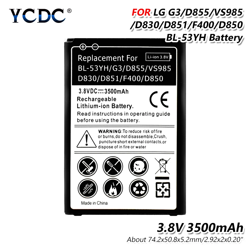 

Smart Phone 3.8V 3500mAh Li-ion BL-53YH Battery For LG G3 D855 D852 LS990 F400 Generic Replacement Batteries mobile phone