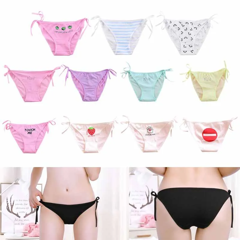 

Sexy Side Tie High Cut Underwear Cartoon Fruit Funny Words Printed Lingerie Panties Candy Color Low Rise Cotton Bikini Thong