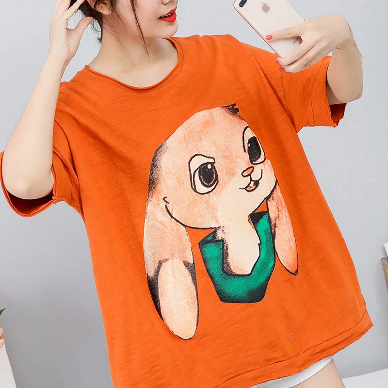 

2019 Summer New Arrival Bamboo Slab Cotton Plus Size Women Tshirts Cartoon Rabbit Printed O Neck Short Sleeve Top Free Shipping