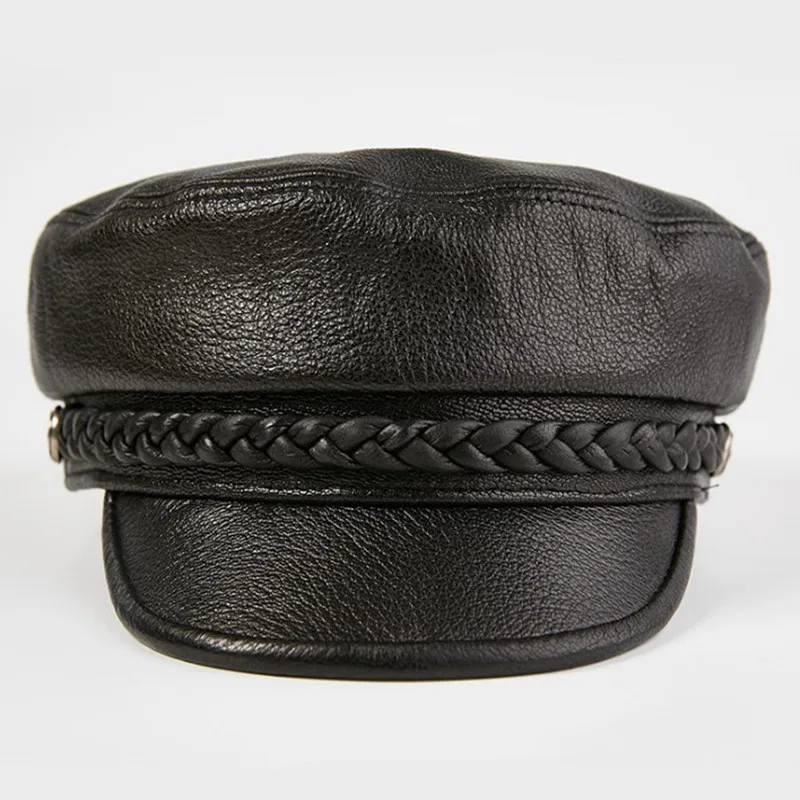 Günstig XdanqinX Echtem Leder Hut Elegante frauen Armee Militär Hüte Herbst männer Flache Kappe Schaffell Leder Schwarz Marke Hysterese kappe
