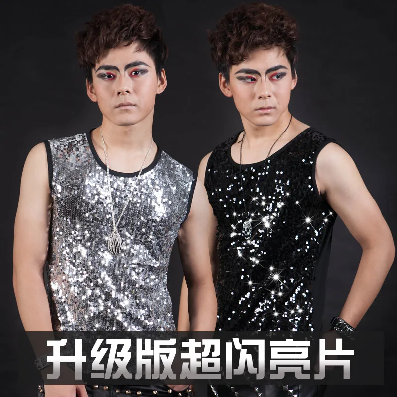 

Fashion Neew Men's Silver Black Sequin Slim Vest Costumes Nightclub singer male dj paillette vest male fashion stage costume