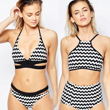 

Plus Size Bathing Suit 2019 New Swimwear Women Striped Print Push Up Hang Neck High Waist Bikini Set Beachwear A2500YPC