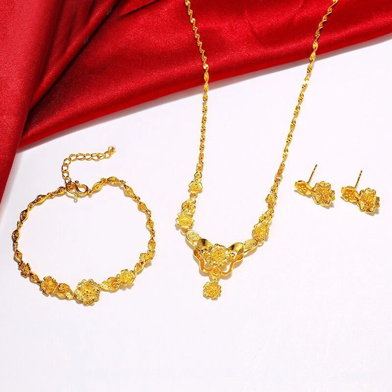

MxGxFam New Arrival Bridal Flower Pattern Earrings Bracelets and Necklace jewely set For Bridal Happy Wedding pure gold color