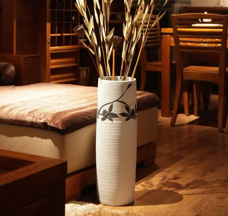 

High vase, decorative floor ceramics straight white vase decoration, living room Chinese flower vase