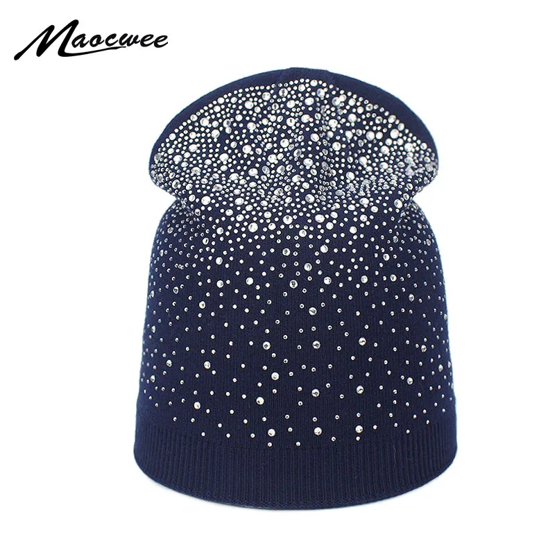 

Women's Beanie Hat Spring Women Shine Diamond Knit Cap Hat Warm Beanies Balaclava Cap Bonnet Female Sombrero Girl Hats