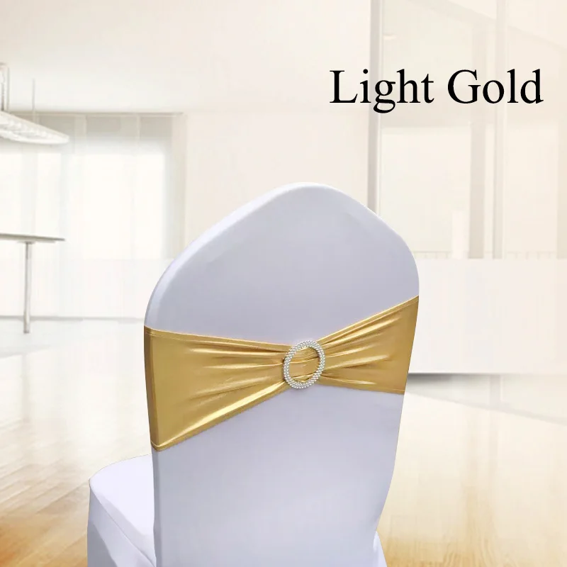 С фабрики 100 шт./лот блестящая бронзовая эластичная растягивающаяся съемная лента для стула с круглой пряжкой, декор свадебного банкета, банты - Цвет: Light Gold