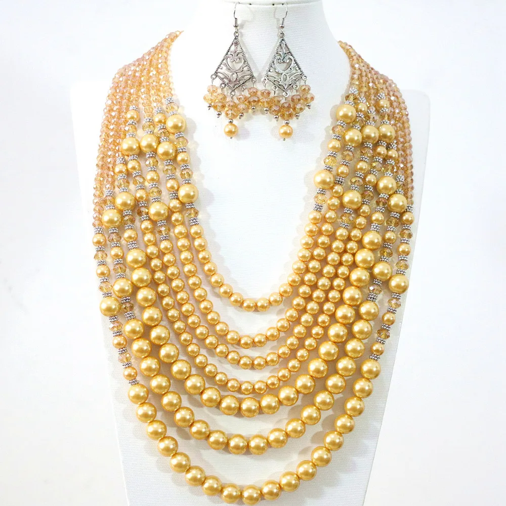 Charms gold yellow 7 rows necklace earrings round shell simulated-pearl crystal beads fashion diy Classic jewelry set B1314