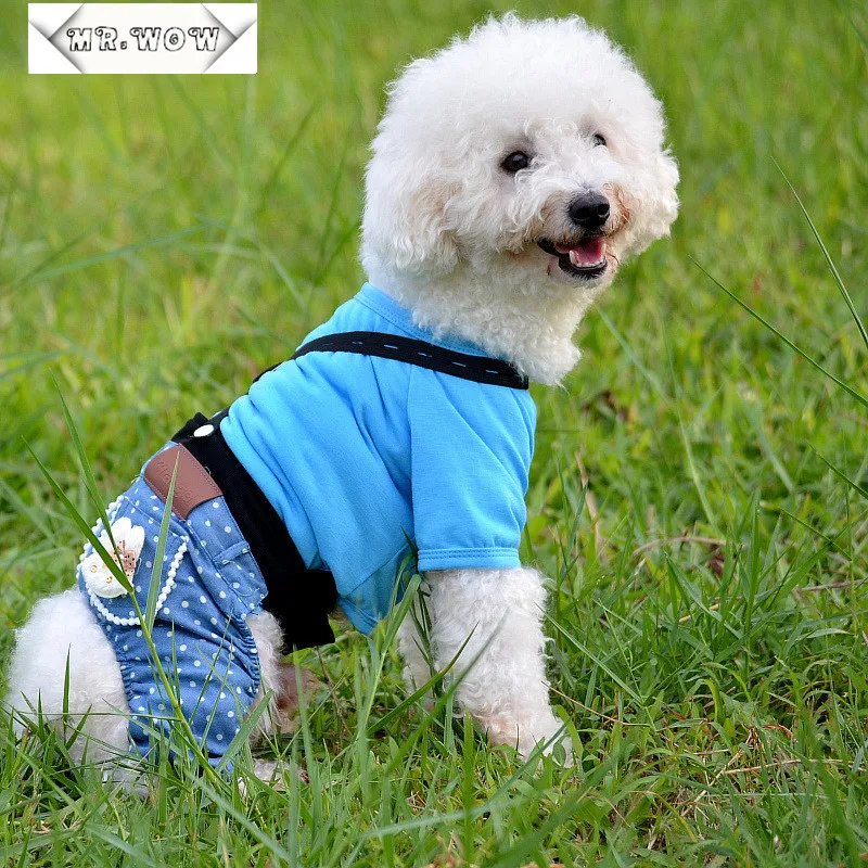 Free shipping Dog Clothes Cotton Tops With Denim Pants Pet Strap
