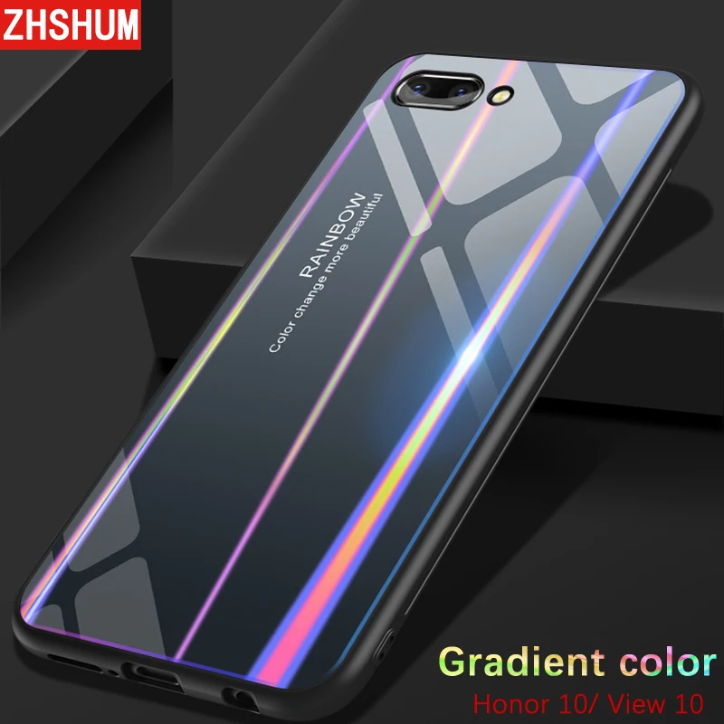 

Glitter Tempered Glass Case For Huawei Honor 10 Silicone Edge Back Cover Gradient color Case For Huawei Honor View 10 V10