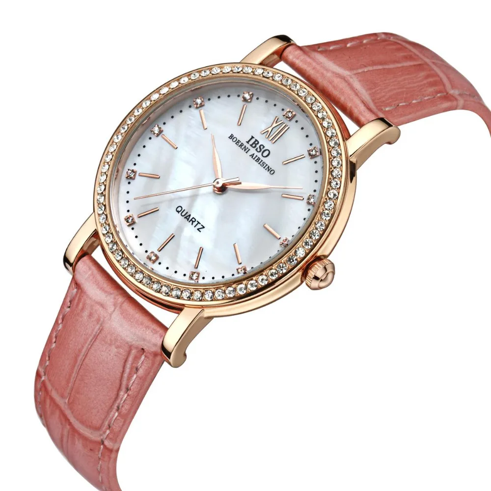 IBSO брендовые модные женские часы с кожаным ремешком, женские Роскошные Кварцевые наручные часы с кристаллами и бриллиантами для женщин 3992
