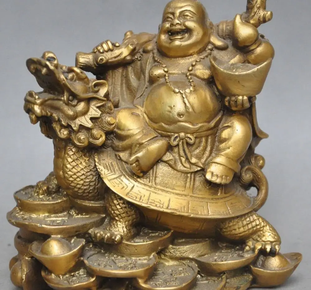 

5" chinese brass wealth money coin ingot Maitreya Buddha dragon Tortoise statue