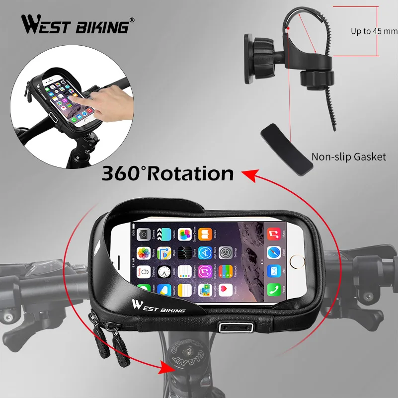 West Biking 360 Rotation Bicycle Phone Bag Waterproof Touch Screen 6 Inch Mobile Phone Case Bag Bike Accessories Cycling Bags