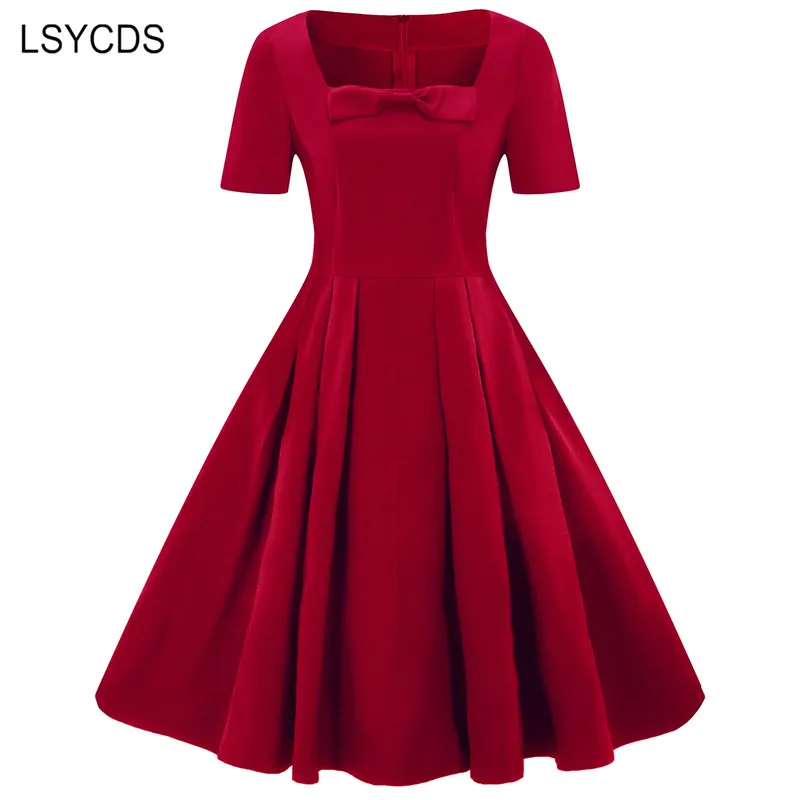 

LSYCDS 2019 Women's Dresses Large Size Vintage A Line Retro Dress Casual Party Bow Black Red Plus Size Summer Dresses for Women