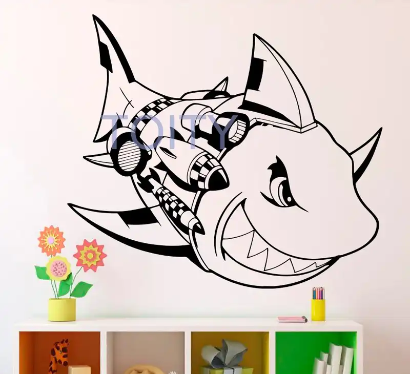 Robot Shark Wall Vinyl Decal Predator Wall Sticker Cartoons Home Interior Bedroom Decor Children S Room Mural H57cm X W65cm