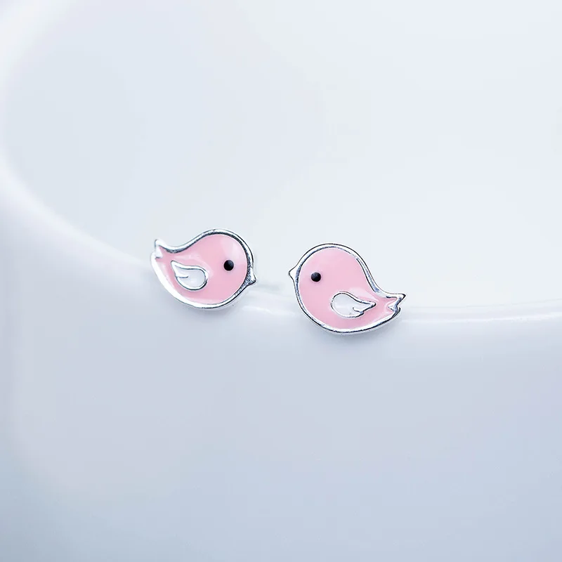

100% Authentic 925 Sterling Silver Earrings For Women Cute Pink Drop Glaze Little Bird Stud Earrings Earings Fashion Jewelry