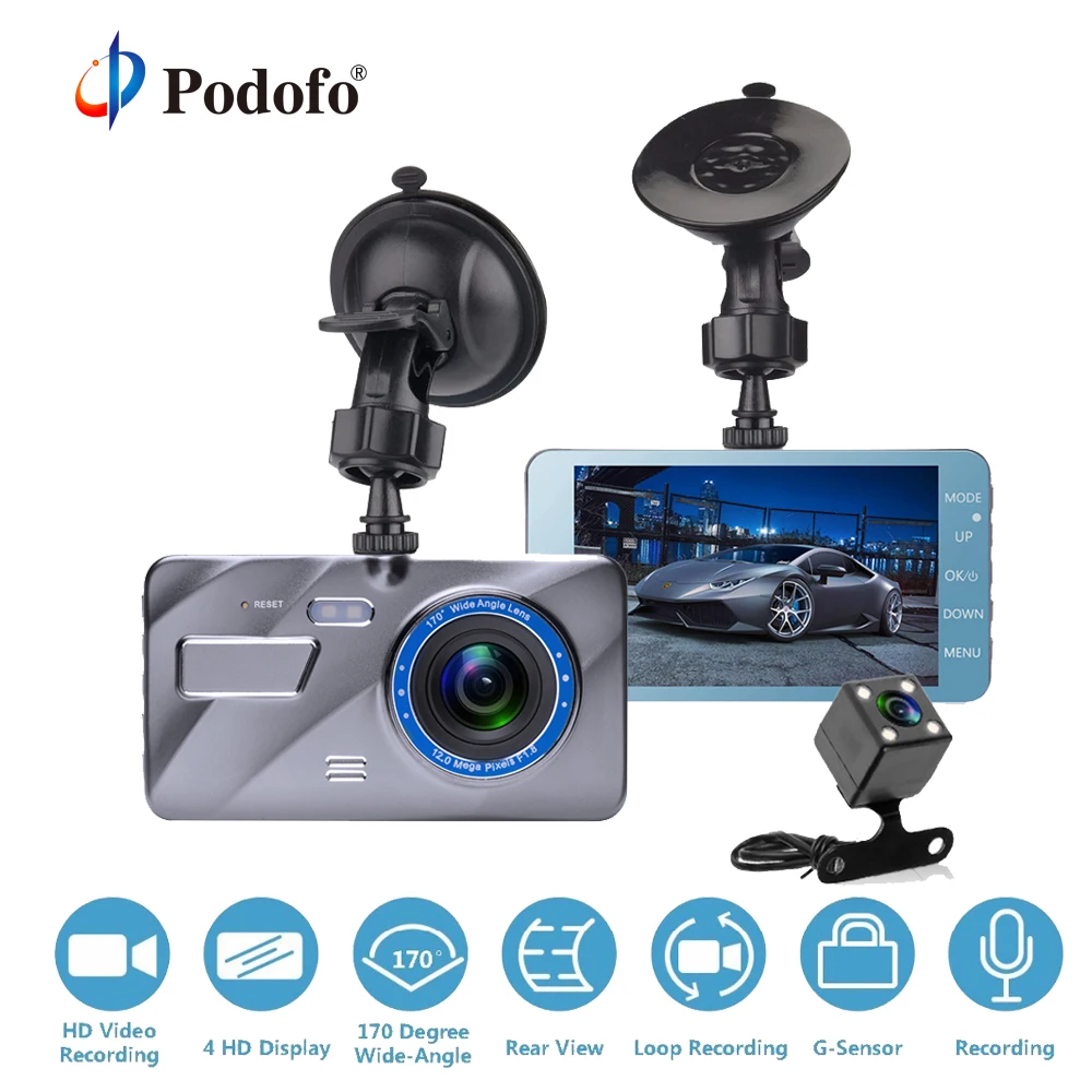 

Podofo Dash Cam Dual Lens Car DVR Camera Full HD 1080P 4" IPS Front+Rear Blue Mirror Night Vision Video Recorder Parking Monitor