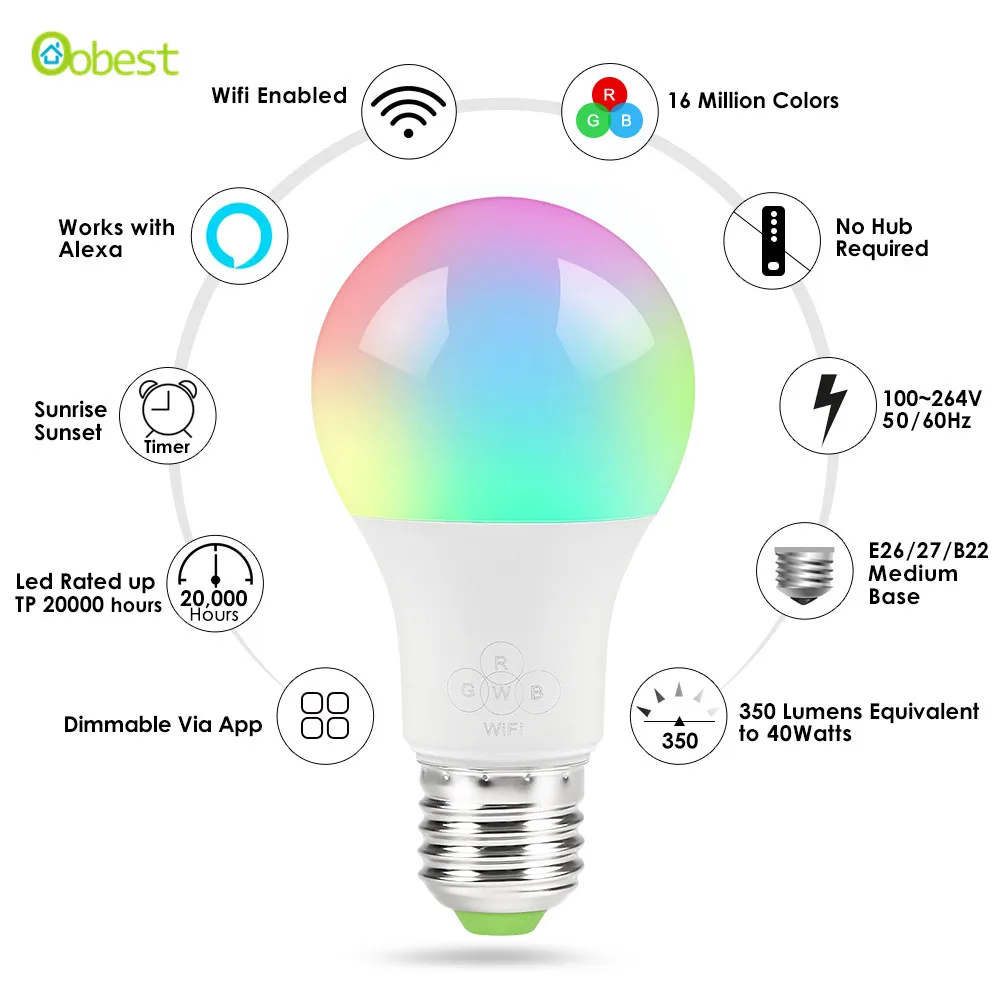 

New E27 Smart WIFI Bulb RGB RGBW Dimmable LED Bulb Light Bulb, Wake-Up Lights,Works with Alexa and Google Assistant Dropship