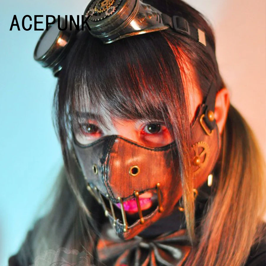 

2019 New Steam Punk Gear Masks Gothic Punk Accessory Night Club Mask Performance Masks Hip Pop Brown Gearwheel Rivet Mask