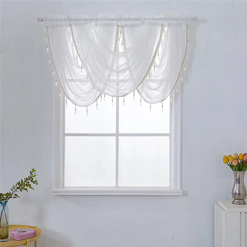 Curtain Window Valance Luxury White Diamond Sheer Embroidered Waterfall Window Valance Tassel Trim 2019 new #3M13 (11)