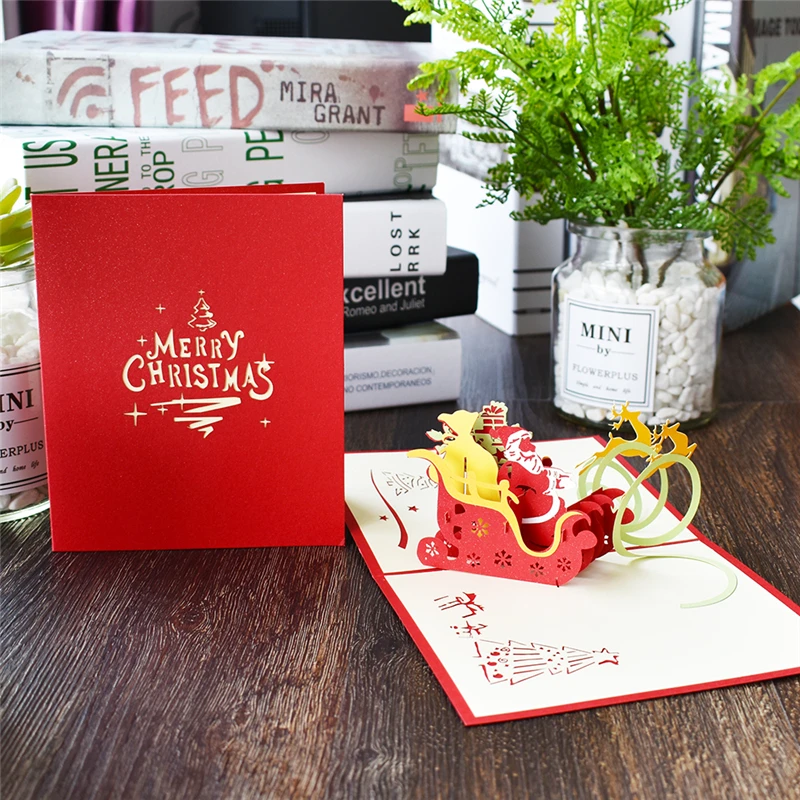 10 упаковок с Рождеством Санта Клаус всплывающие карты с наклейки на конверте лазерная резка Новогодние поздравительные открытки Подарочные открытки ручной работы