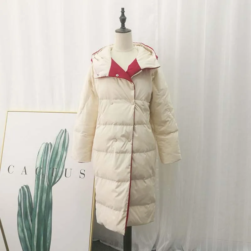 Korean Style 2019 New Winter Jacket Women Long Duck Down Coat Woman with Hooded Double Side Wear Sweet Warm Loose Outwears AO806