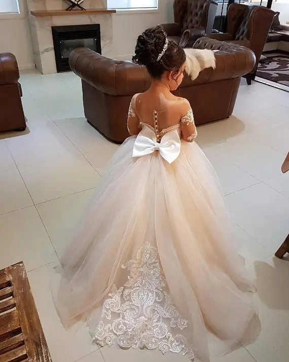

Ivory ball gown Long sleeves sheer back sweetheart lace appliques flower girl dresses first communion gown with long train bow