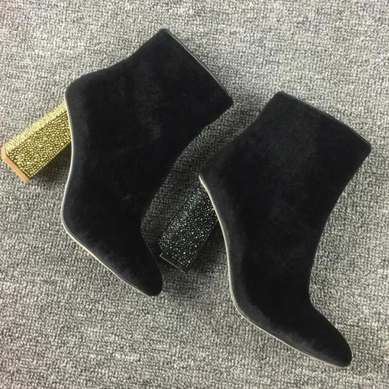 

2017 Hot Sale Spring Autumn Velevt Dress Shoes Women Round Toe High Heel Fashion Boots Vintage Rhinestone Studded Ankle Boots