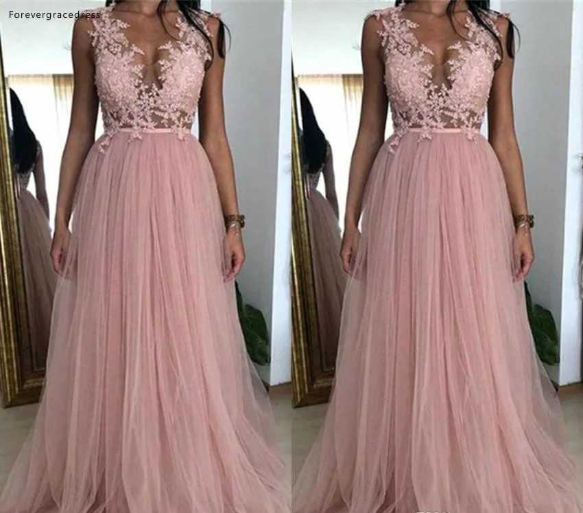 

Dusky Pink Prom Dresses 2020 Appliques Tulle Sleeveless Formal Pageant Holidays Wear Graduation Evening Party Gowns Custom Made
